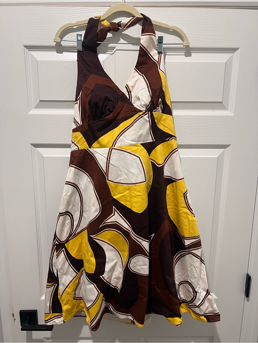 madison leigh One-Shoulder Halter Dress in Brown, Yellow & White Abstract Print